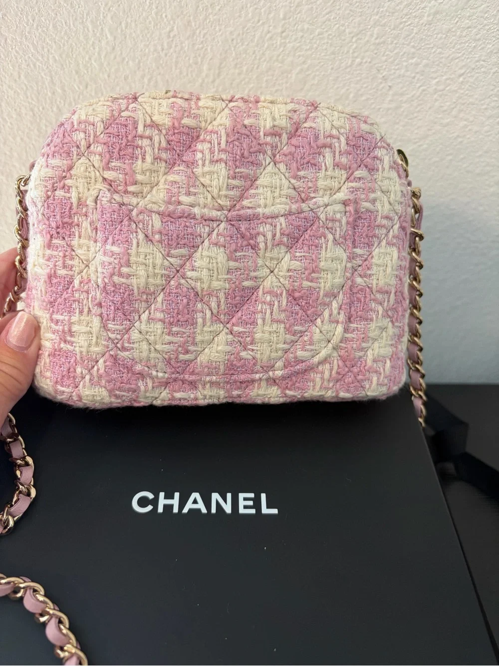 CHANEL Pink and White Tweed Quilted Mini Clutch With Chain